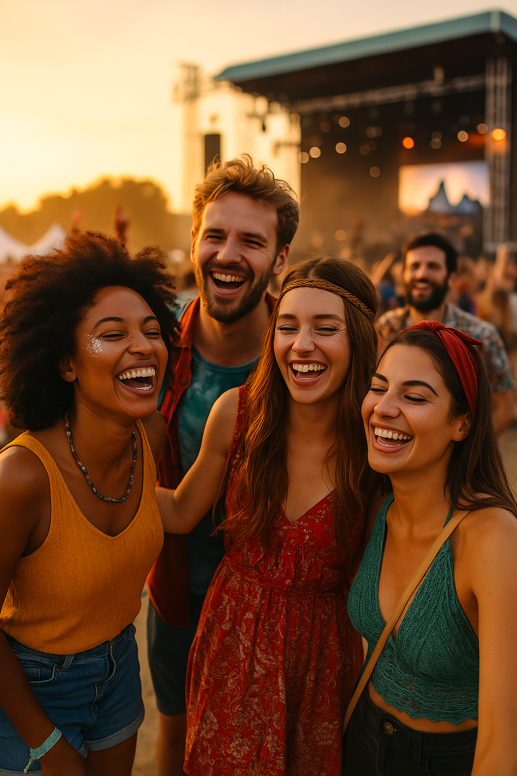 Massive festival crowd with thousands of people all connected, aerial view showing the scale