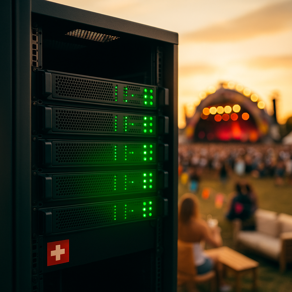 Massive festival crowd with thousands of people all connected, aerial view showing the scale